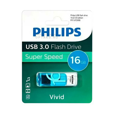 Флешка USB 16 Гб Philips VIVID3.0, USB3.0, белый, синий
